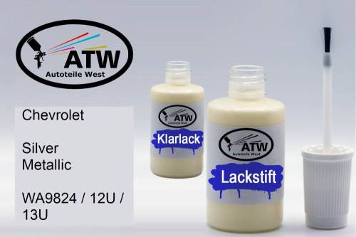 Chevrolet, Silver Metallic, WA9824 / 12U / 13U: 20ml Lackstift + 20ml Klarlack - Set, von ATW Autoteile West.